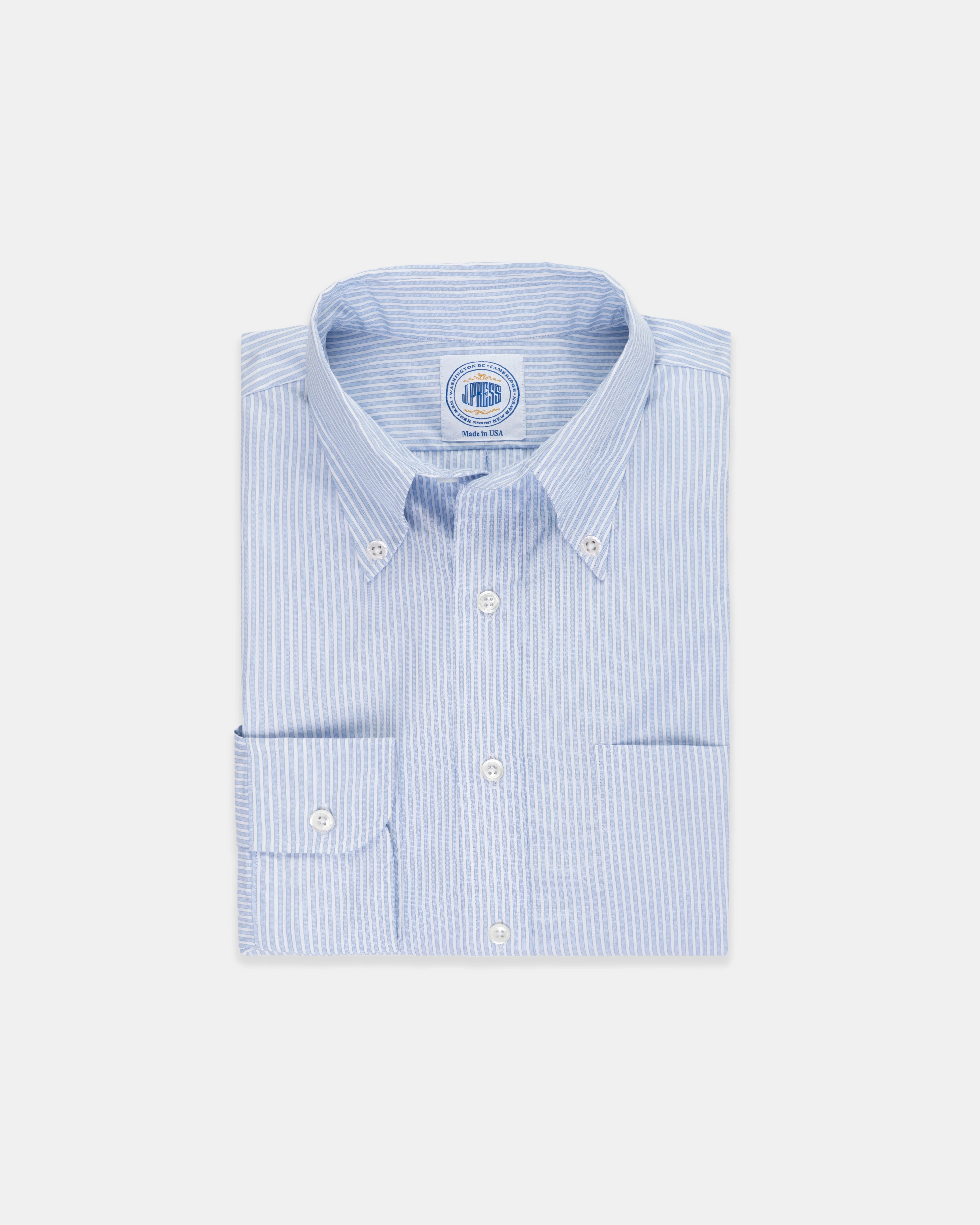 Wrinkle Free Care Minimalist Aesthetic Made-in-USA Thomas Mason Blue End-on-End Stripe Button Down Shirt - Regular Fit