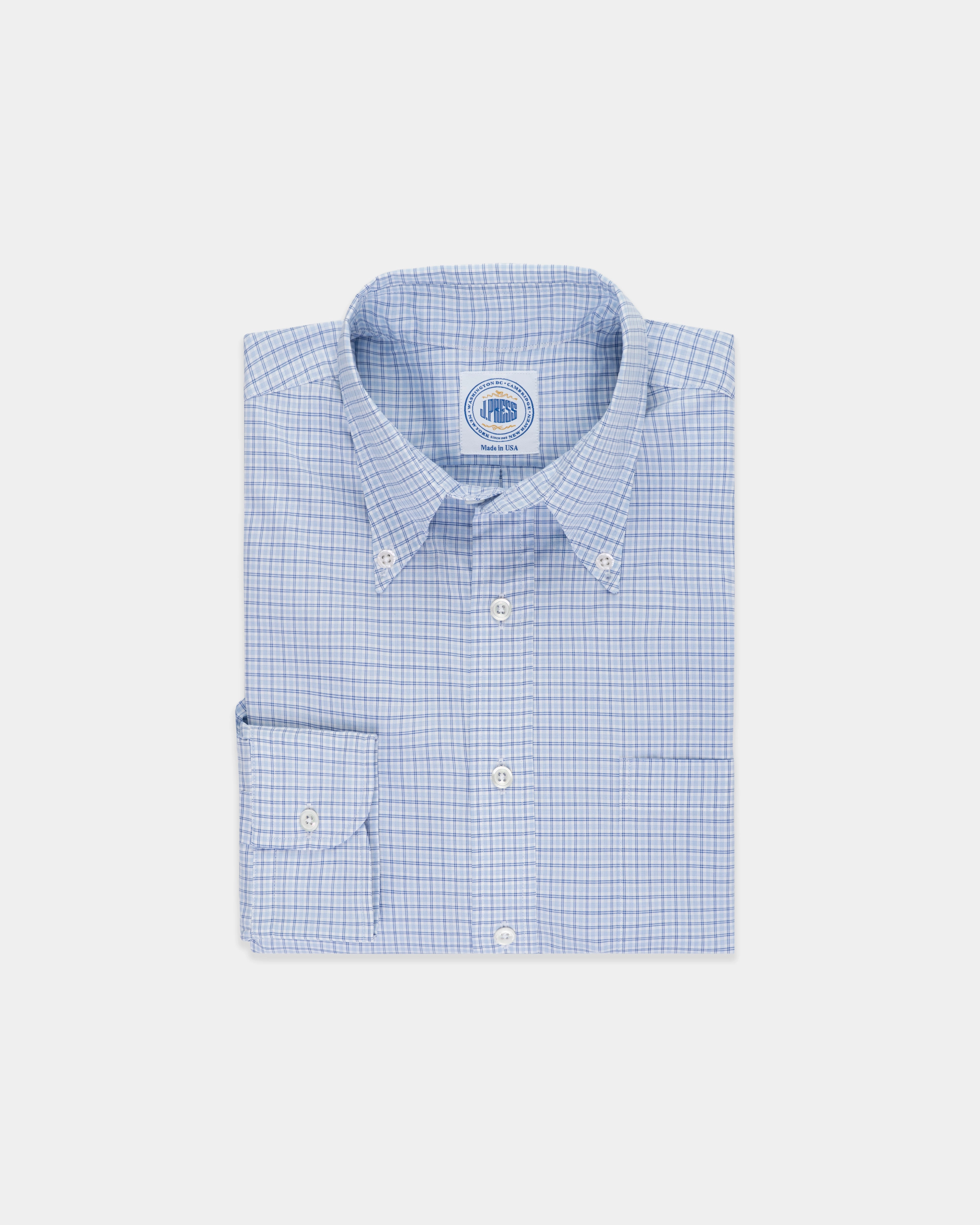 Non Iron Material Mature appeal Made-in-USA Thomas Mason Navy & Light Blue Check Button Down Shirt - Regular Fit