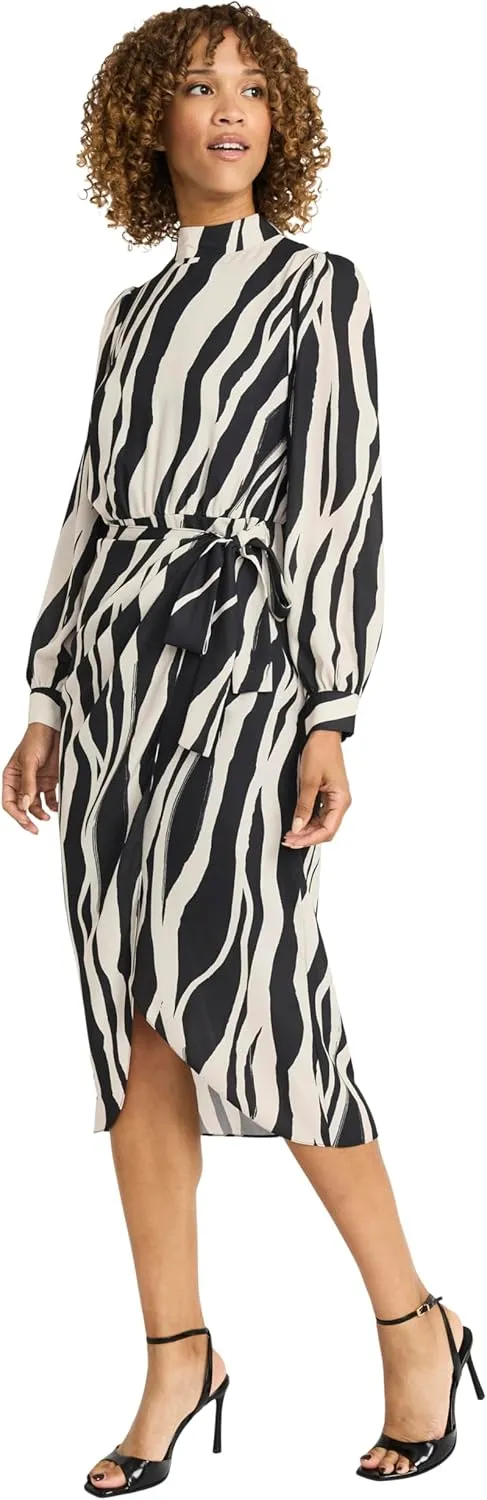 Maggy London Women's Elegant Midi Wrap Long Sleeve High Neck Belted Cocktail Wedding Guest Dresses