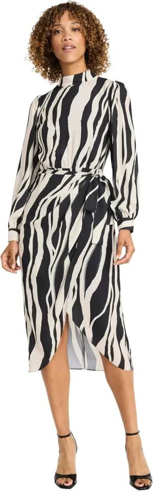 Maggy London Women's Elegant Midi Wrap Long Sleeve High Neck Belted Cocktail Wedding Guest Dresses