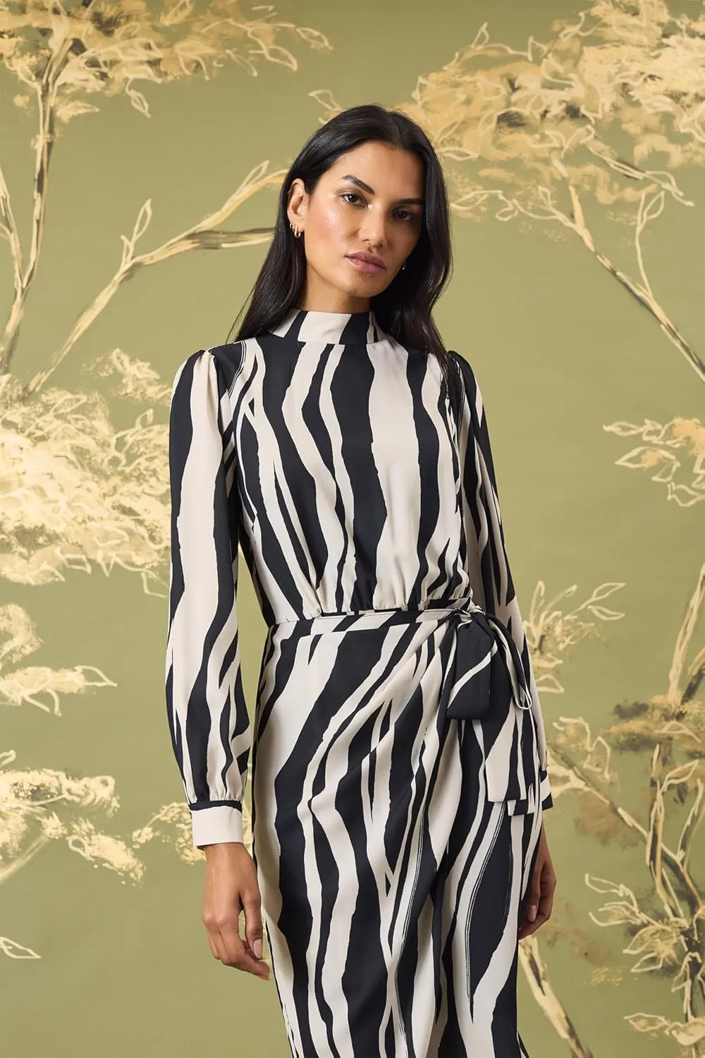 Maggy London Women's Elegant Midi Wrap Long Sleeve High Neck Belted Cocktail Wedding Guest Dresses