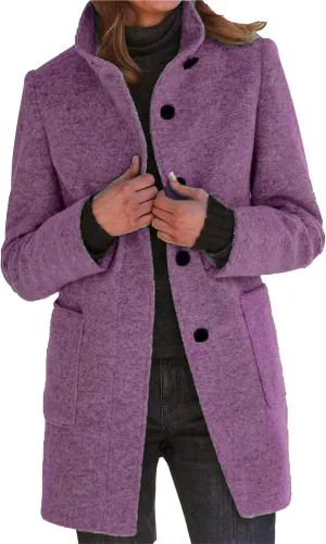 Maiyifu-GJ Womens Elegant Single Breasted Wool Trench Coat Casual Stand Collar Slim Fit Jacket Fall Long Sleeve Cardigan