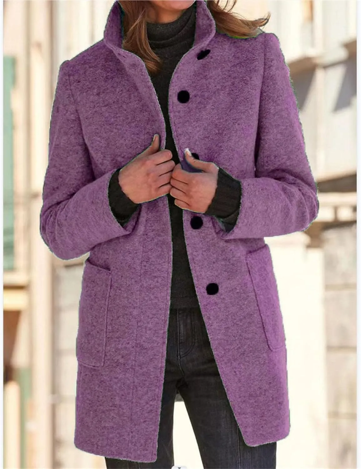 Maiyifu-GJ Womens Elegant Single Breasted Wool Trench Coat Casual Stand Collar Slim Fit Jacket Fall Long Sleeve Cardigan