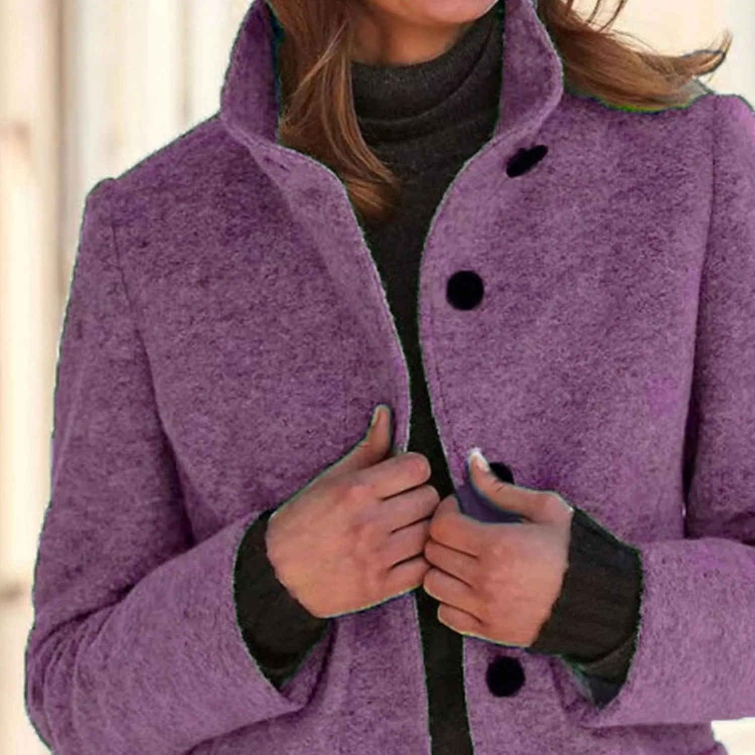 Maiyifu-GJ Womens Elegant Single Breasted Wool Trench Coat Casual Stand Collar Slim Fit Jacket Fall Long Sleeve Cardigan
