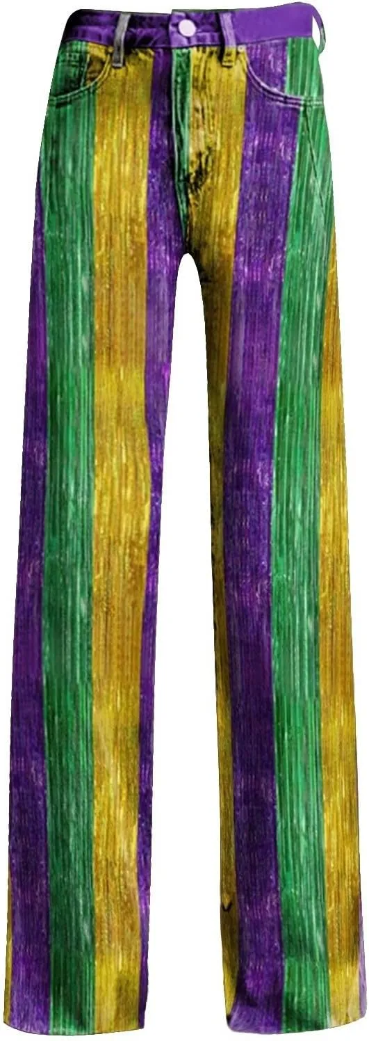 Mardi Gras Jeans for Women 2024 Flare Jeans Wide Leg Baggy Pants High Waisted Flared Denim Trouser Vintage Jeans