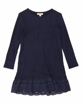 MASSIMO DUTTI Girls Long Sleeve Basic Dress 9-10 Years Navy Blue Cotton Cozy Tones