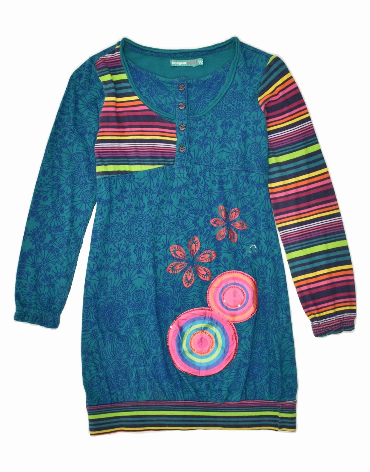 Soft Draping Sweetheart Cut DESIGUAL Girls Graphic Long Sleeve Bubble Dress 9-10 Years Blue Patchwork