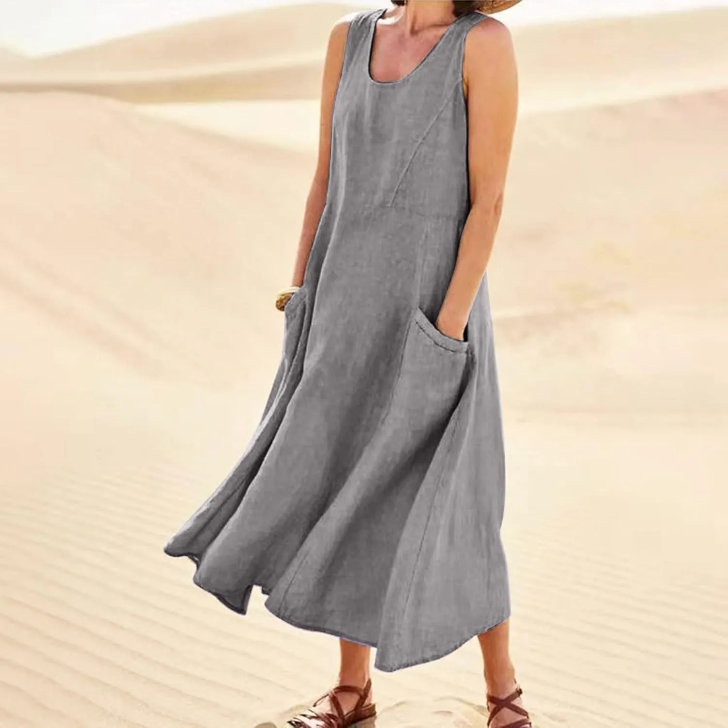 Maxi Dress for Women Linen Dress Summer Sun Dresses 2025 Sleeveless Swing Casual Long Formal with Pockects