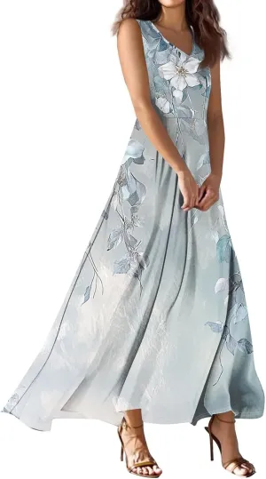 Maxi Dresses for Women 2025 Elegant Classy Floral Ruffle Flowy Swing Sleeveless V Neck Sundress A Line Dresses Frocks