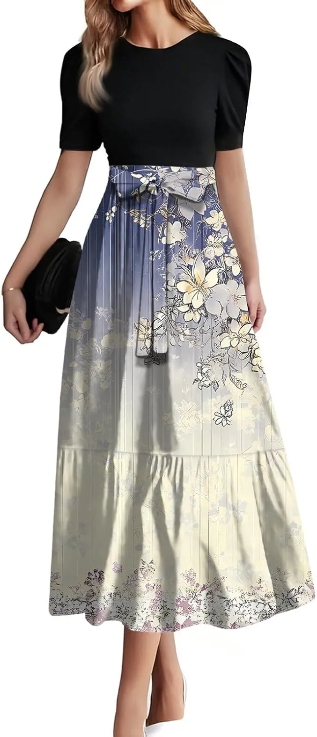 Maxi Dresses for Women 2025 Puff Sleeve Tie Belted Wedding Guest Dress Empire Waist Patchwork A Line Work Dresses