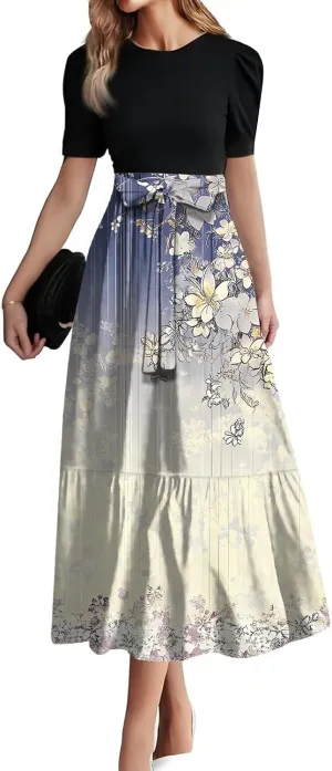 Maxi Dresses for Women 2025 Puff Sleeve Tie Belted Wedding Guest Dress Empire Waist Patchwork A Line Work Dresses