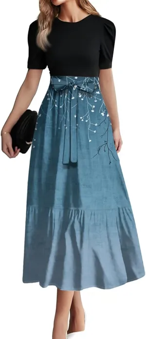 Maxi Dresses for Women 2025 Puff Sleeve Tie Belted Wedding Guest Dress Empire Waist Patchwork A Line Work Dresses