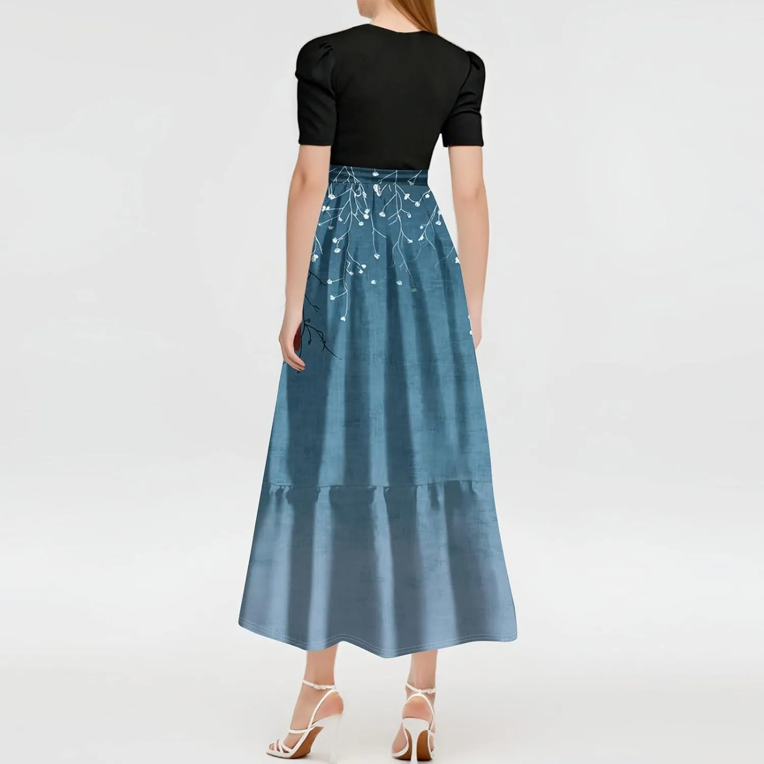 Maxi Dresses for Women 2025 Puff Sleeve Tie Belted Wedding Guest Dress Empire Waist Patchwork A Line Work Dresses