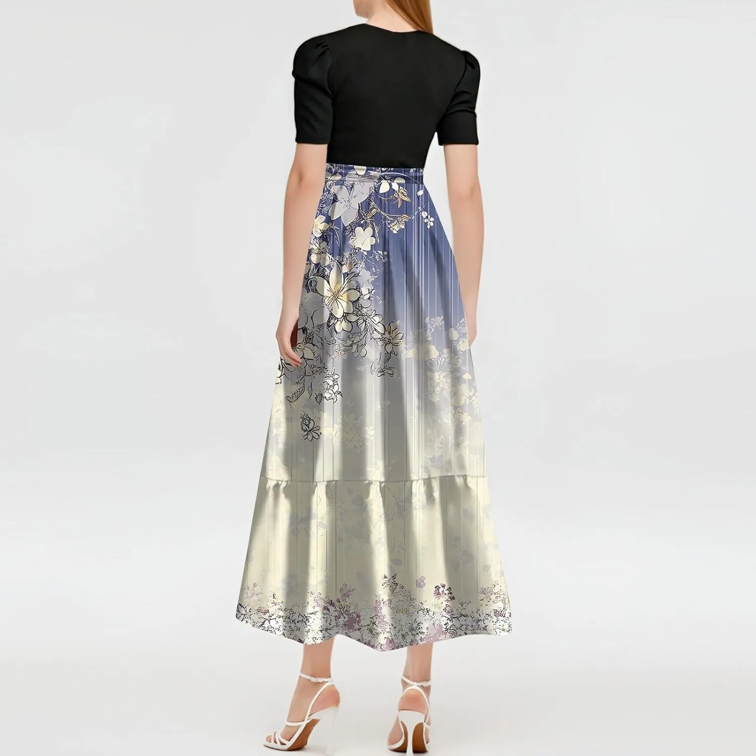 Maxi Dresses for Women 2025 Puff Sleeve Tie Belted Wedding Guest Dress Empire Waist Patchwork A Line Work Dresses