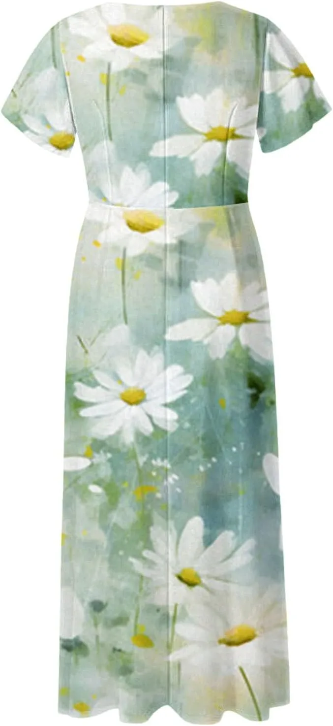 Maxi Dresses for Women,2025 Summer Trendy Floral Boho Dress,Casual V Neck Short Sleeve Chiffon Flowy Beach Dress