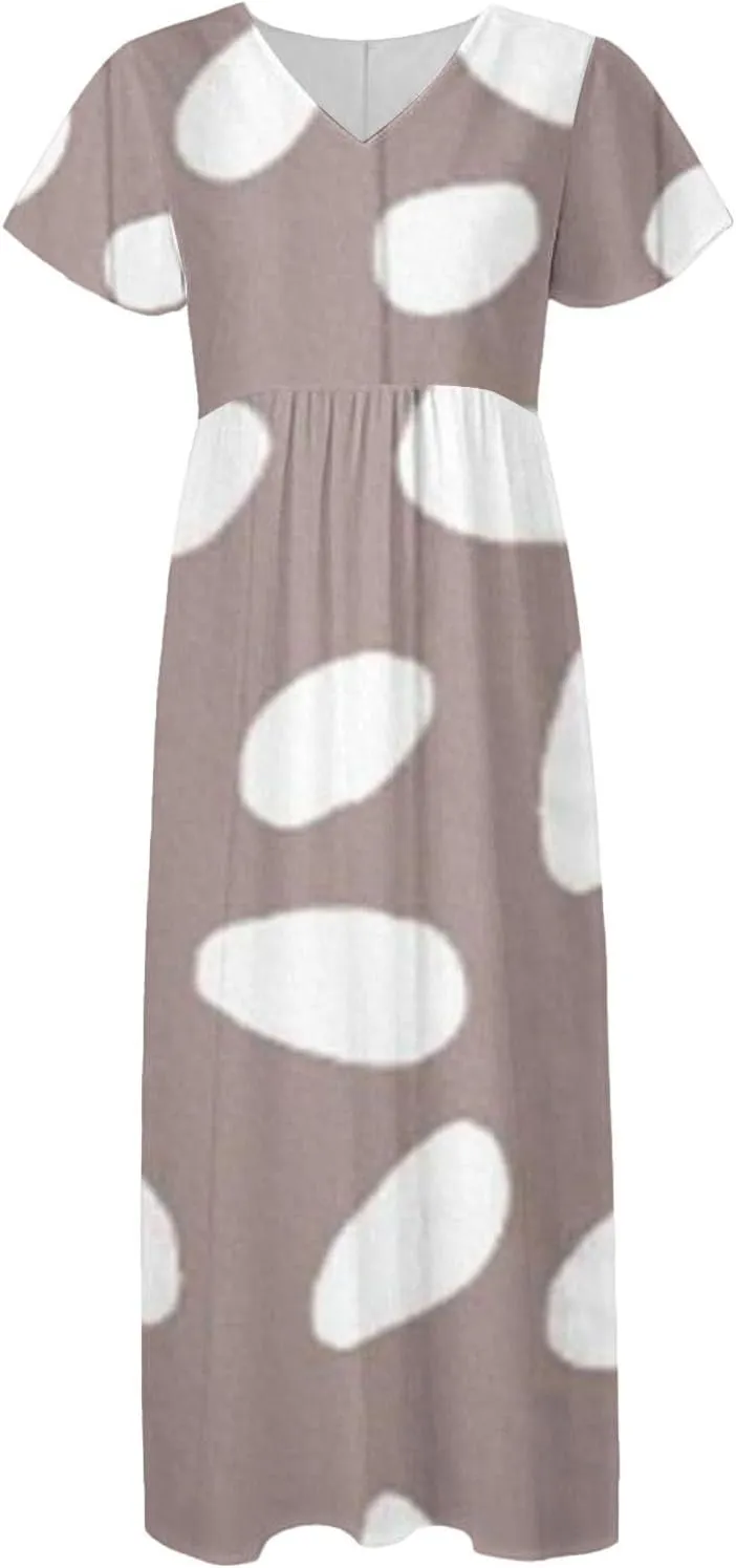 Maxi Dresses for Women,2025 Summer Trendy Floral Boho Dress,Casual V Neck Short Sleeve Chiffon Flowy Beach Dress