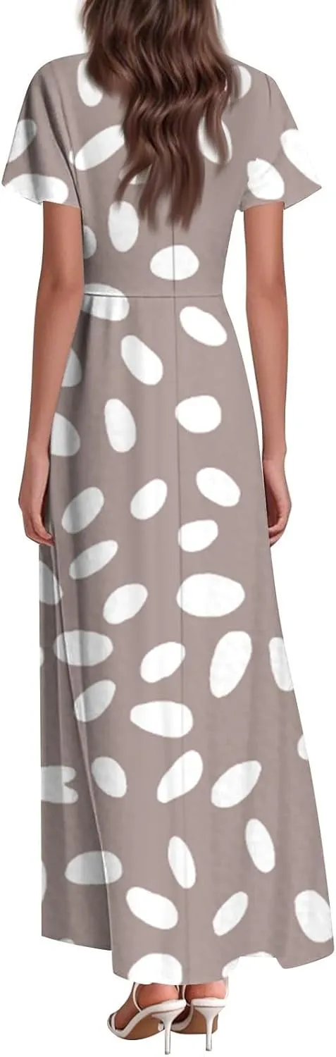 Maxi Dresses for Women,2025 Summer Trendy Floral Boho Dress,Casual V Neck Short Sleeve Chiffon Flowy Beach Dress