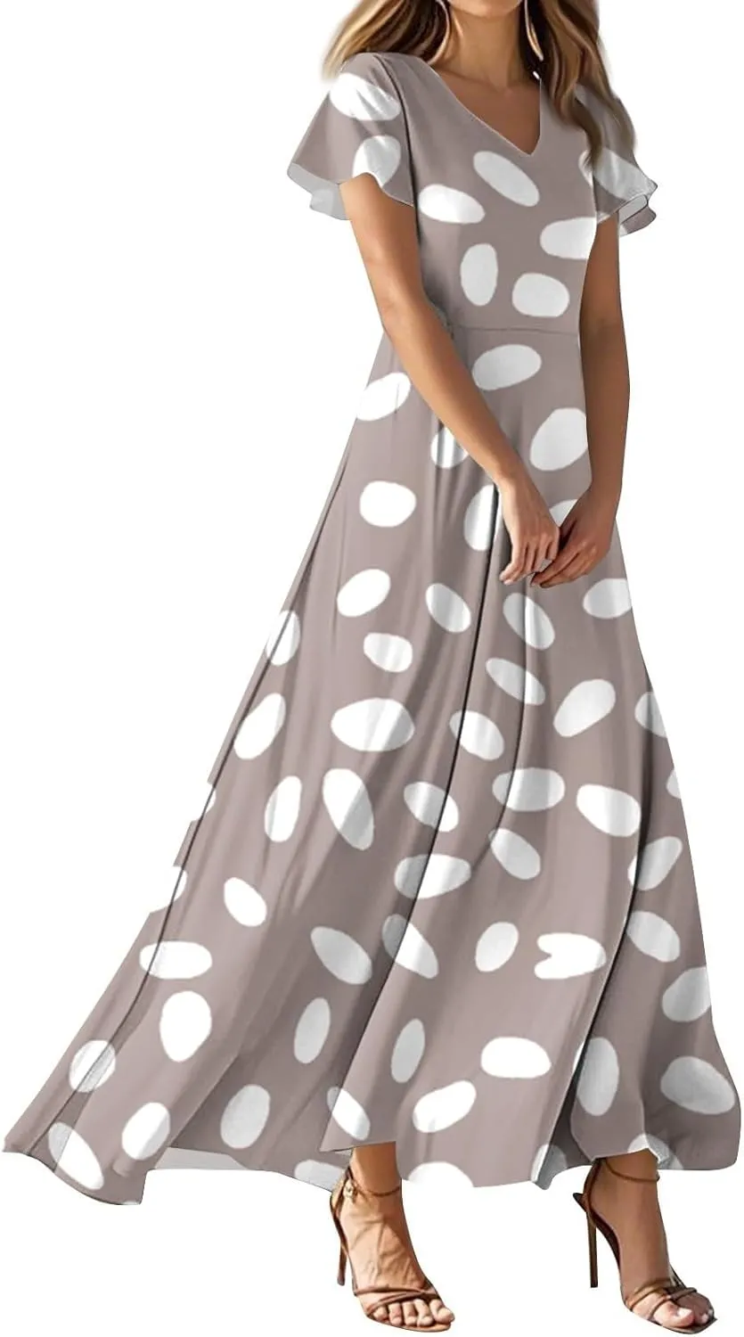 Maxi Dresses for Women,2025 Summer Trendy Floral Boho Dress,Casual V Neck Short Sleeve Chiffon Flowy Beach Dress