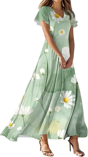 Maxi Dresses for Women,2025 Summer Trendy Floral Boho Dress,Casual V Neck Short Sleeve Chiffon Flowy Beach Dress