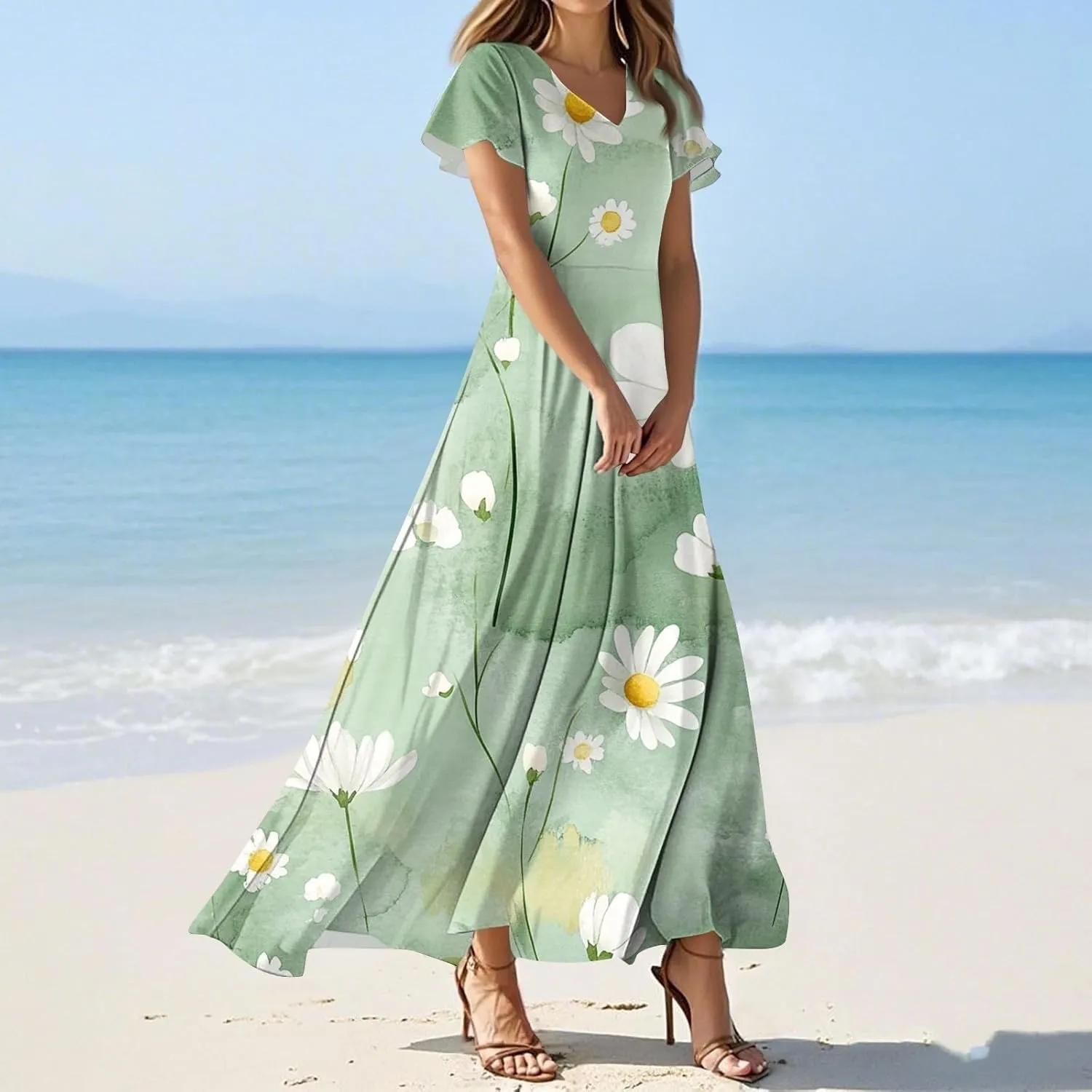 Maxi Dresses for Women,2025 Summer Trendy Floral Boho Dress,Casual V Neck Short Sleeve Chiffon Flowy Beach Dress