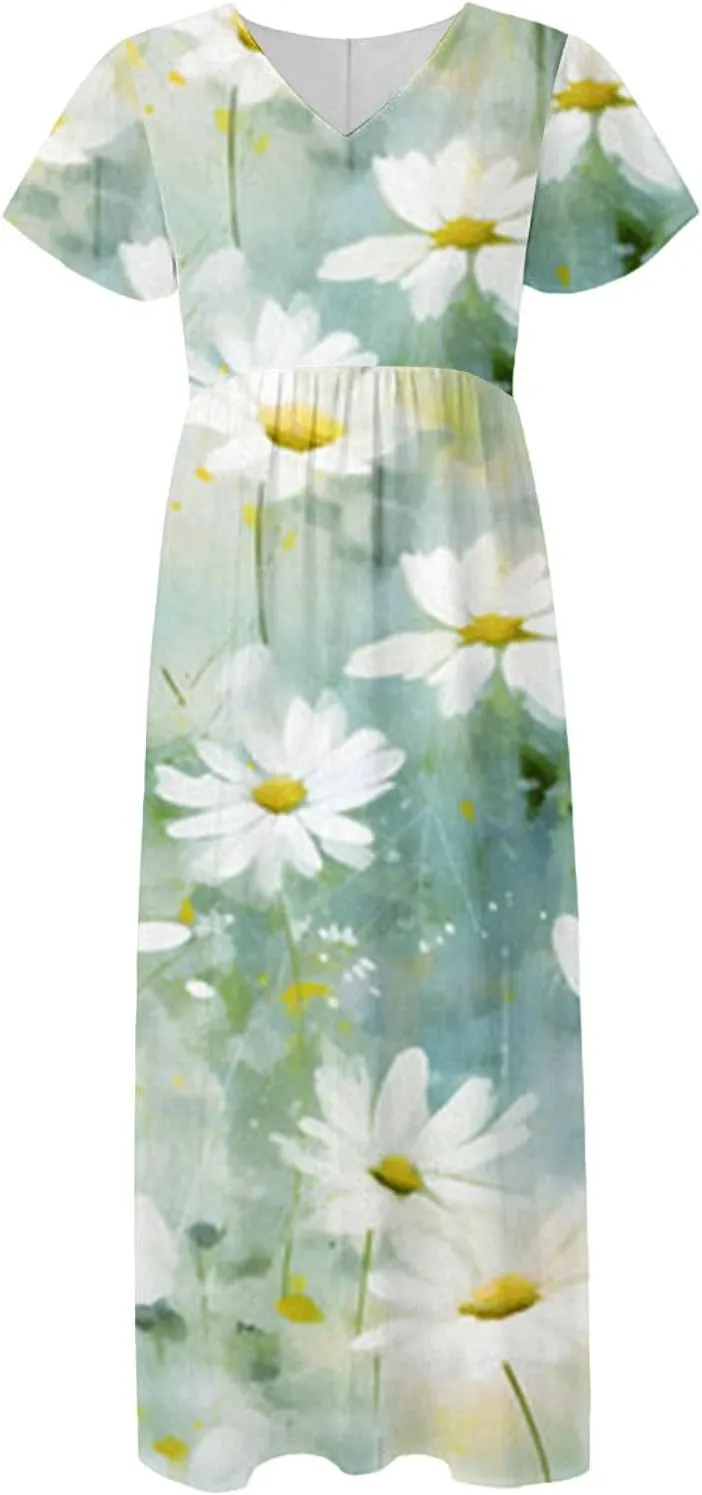 Maxi Dresses for Women,2025 Summer Trendy Floral Boho Dress,Casual V Neck Short Sleeve Chiffon Flowy Beach Dress