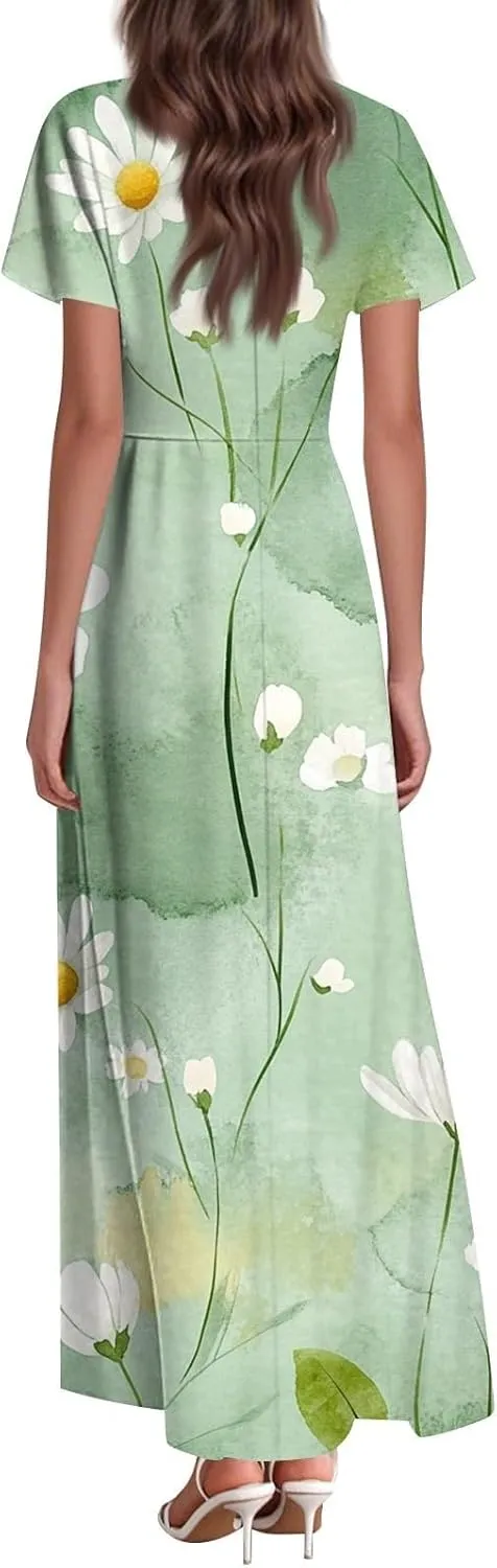 Maxi Dresses for Women,2025 Summer Trendy Floral Boho Dress,Casual V Neck Short Sleeve Chiffon Flowy Beach Dress