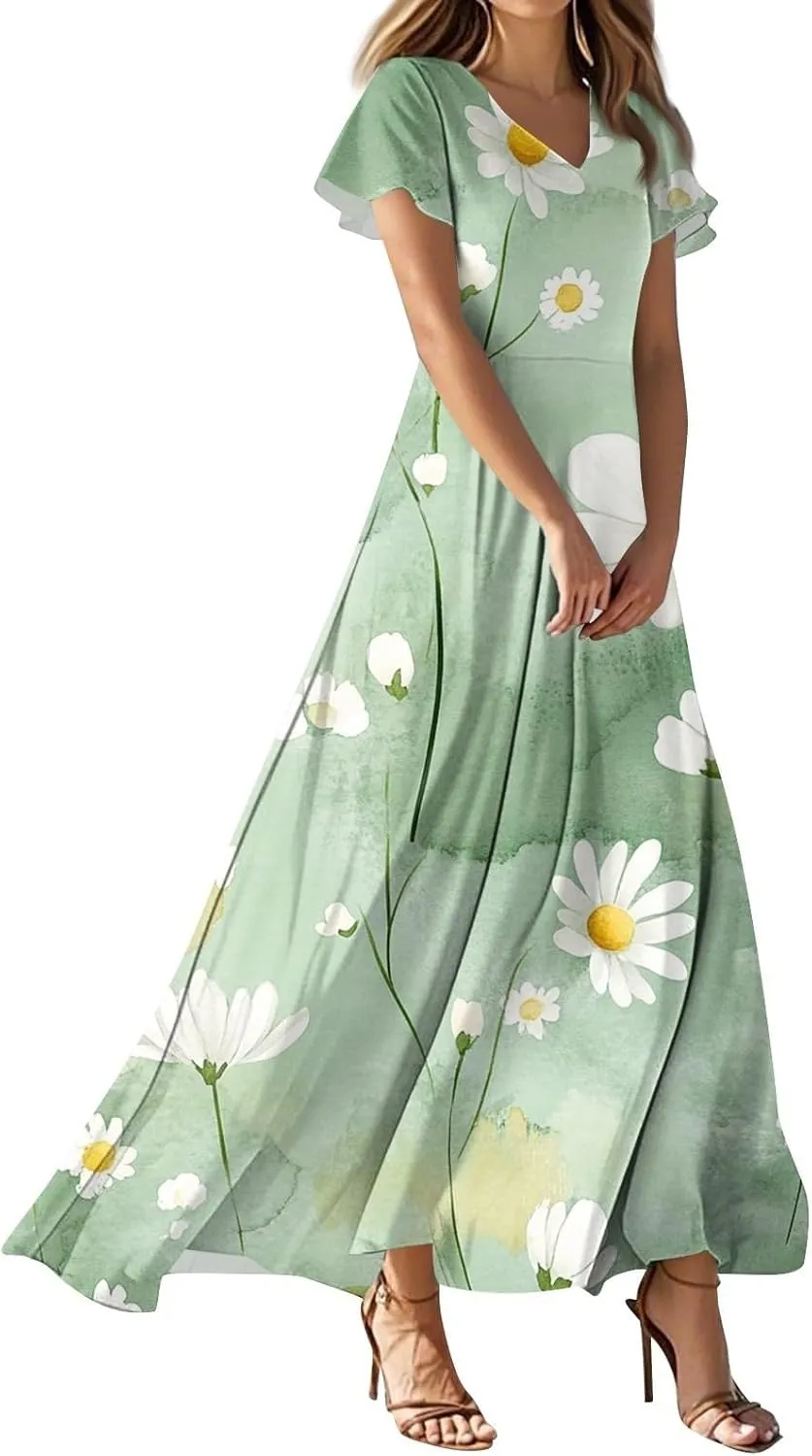 Maxi Dresses for Women,2025 Summer Trendy Floral Boho Dress,Casual V Neck Short Sleeve Chiffon Flowy Beach Dress