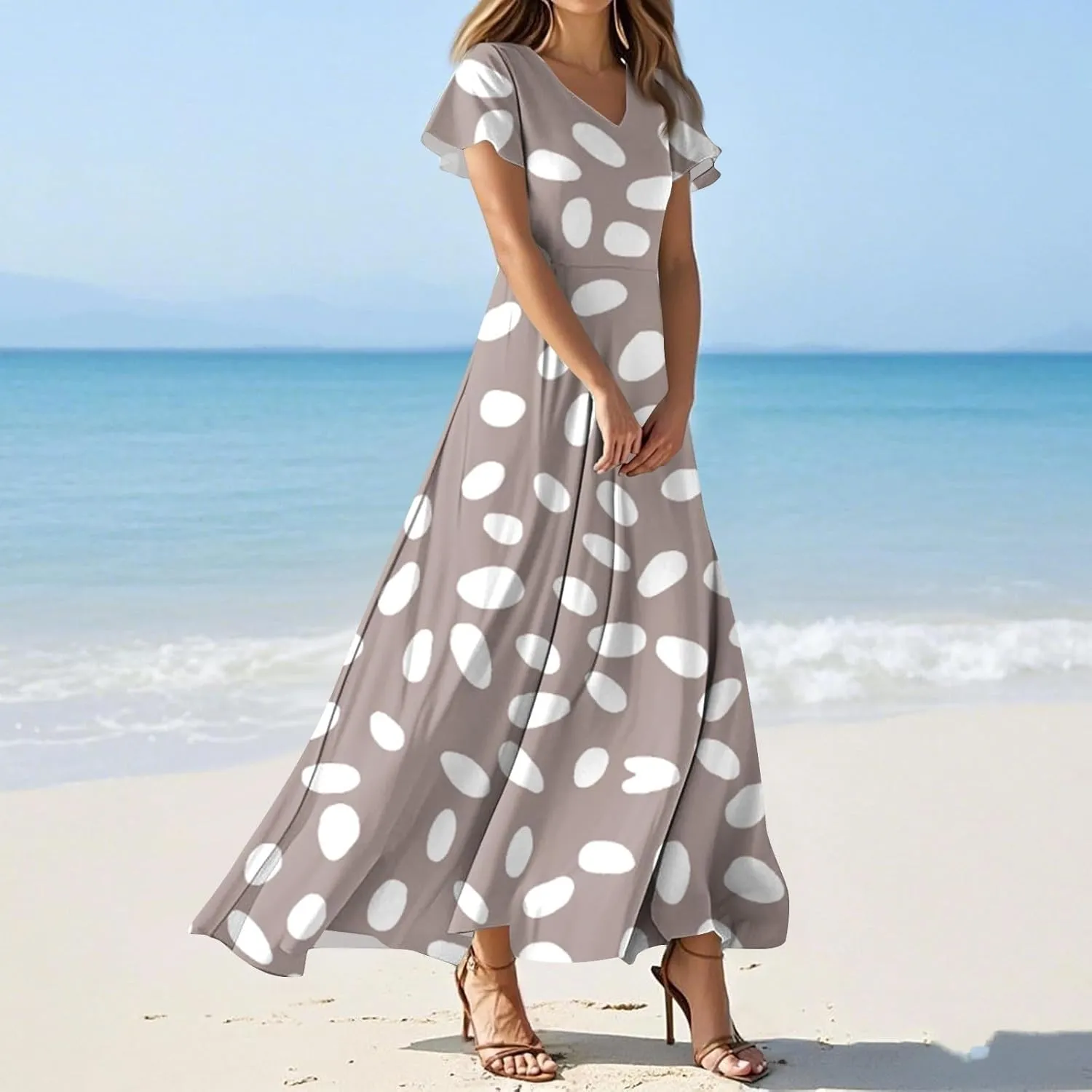 Maxi Dresses for Women,2025 Summer Trendy Floral Boho Dress,Casual V Neck Short Sleeve Chiffon Flowy Beach Dress