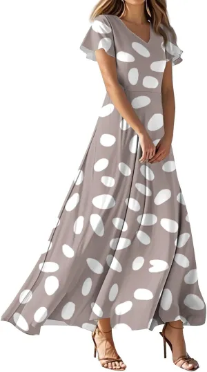 Maxi Dresses for Women,2025 Summer Trendy Floral Boho Dress,Casual V Neck Short Sleeve Chiffon Flowy Beach Dress