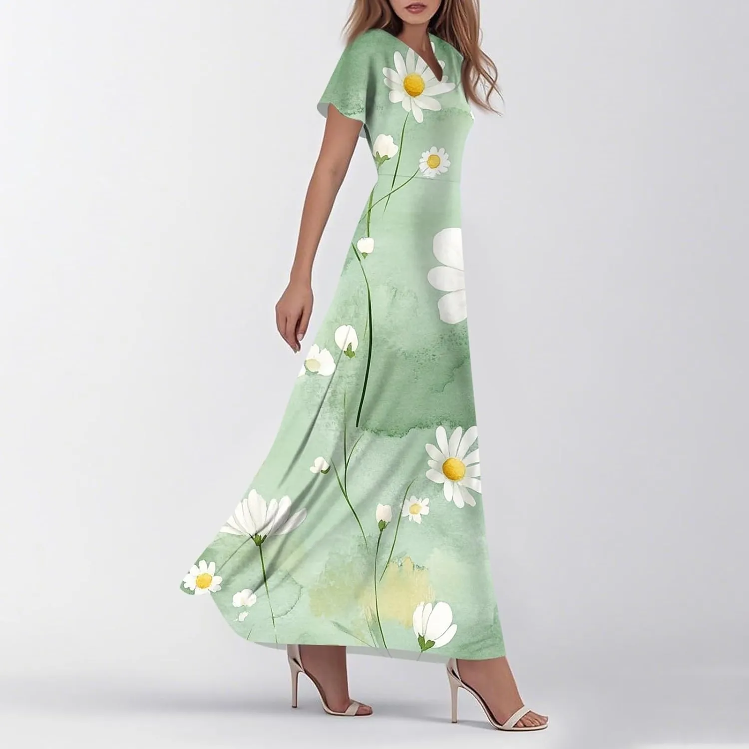 Maxi Dresses for Women,2025 Summer Trendy Floral Boho Dress,Casual V Neck Short Sleeve Chiffon Flowy Beach Dress