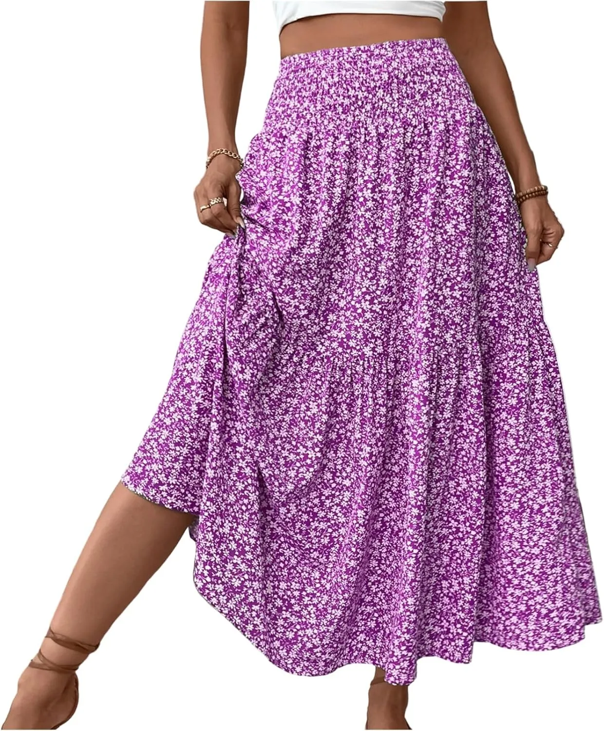 Maxi Skirts for Women Floral Boho Beach Flowy Tiered Midi Skirt High Waisted Long Skirts Drawstring A Line Skirt