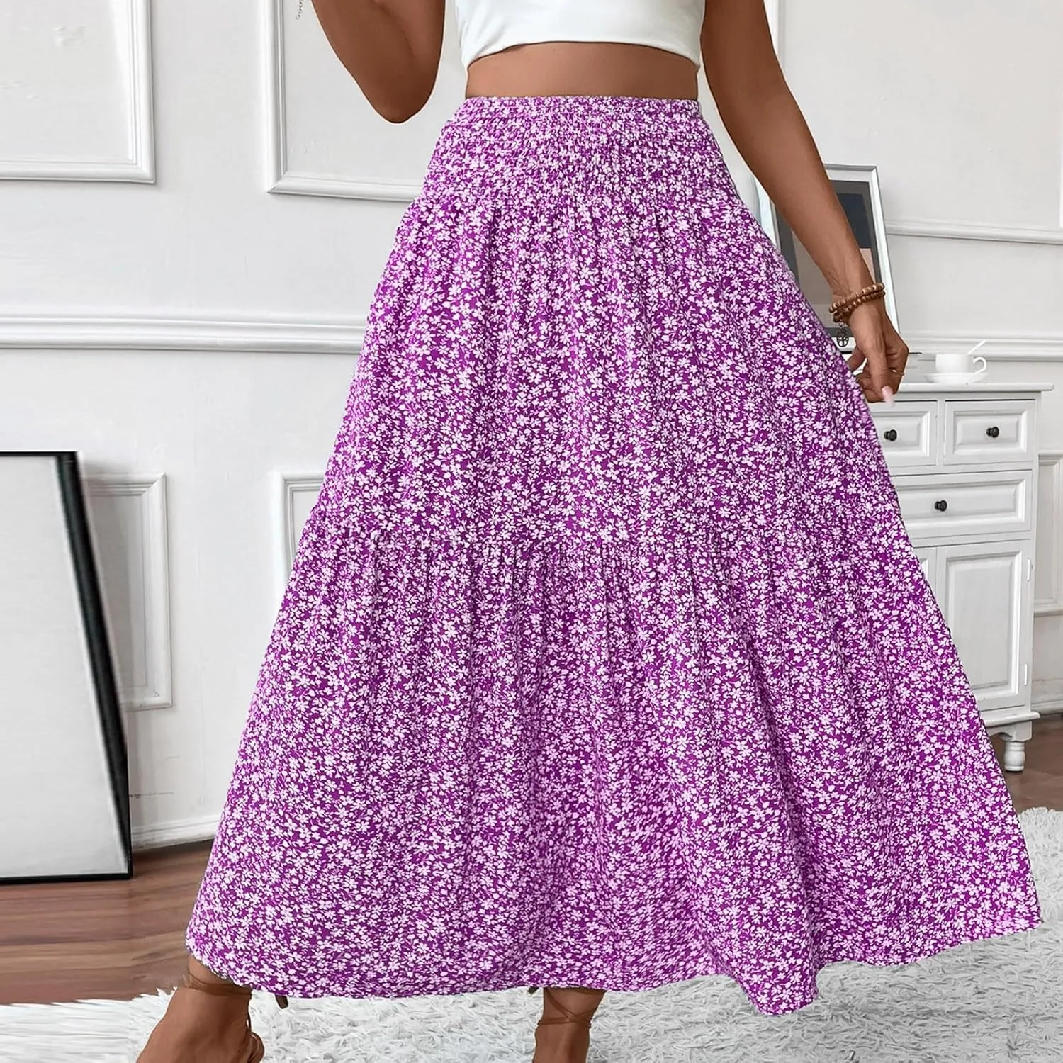 Maxi Skirts for Women Floral Boho Beach Flowy Tiered Midi Skirt High Waisted Long Skirts Drawstring A Line Skirt