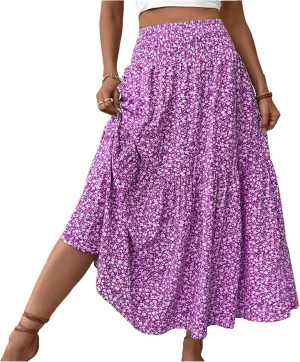 Maxi Skirts for Women Floral Boho Beach Flowy Tiered Midi Skirt High Waisted Long Skirts Drawstring A Line Skirt