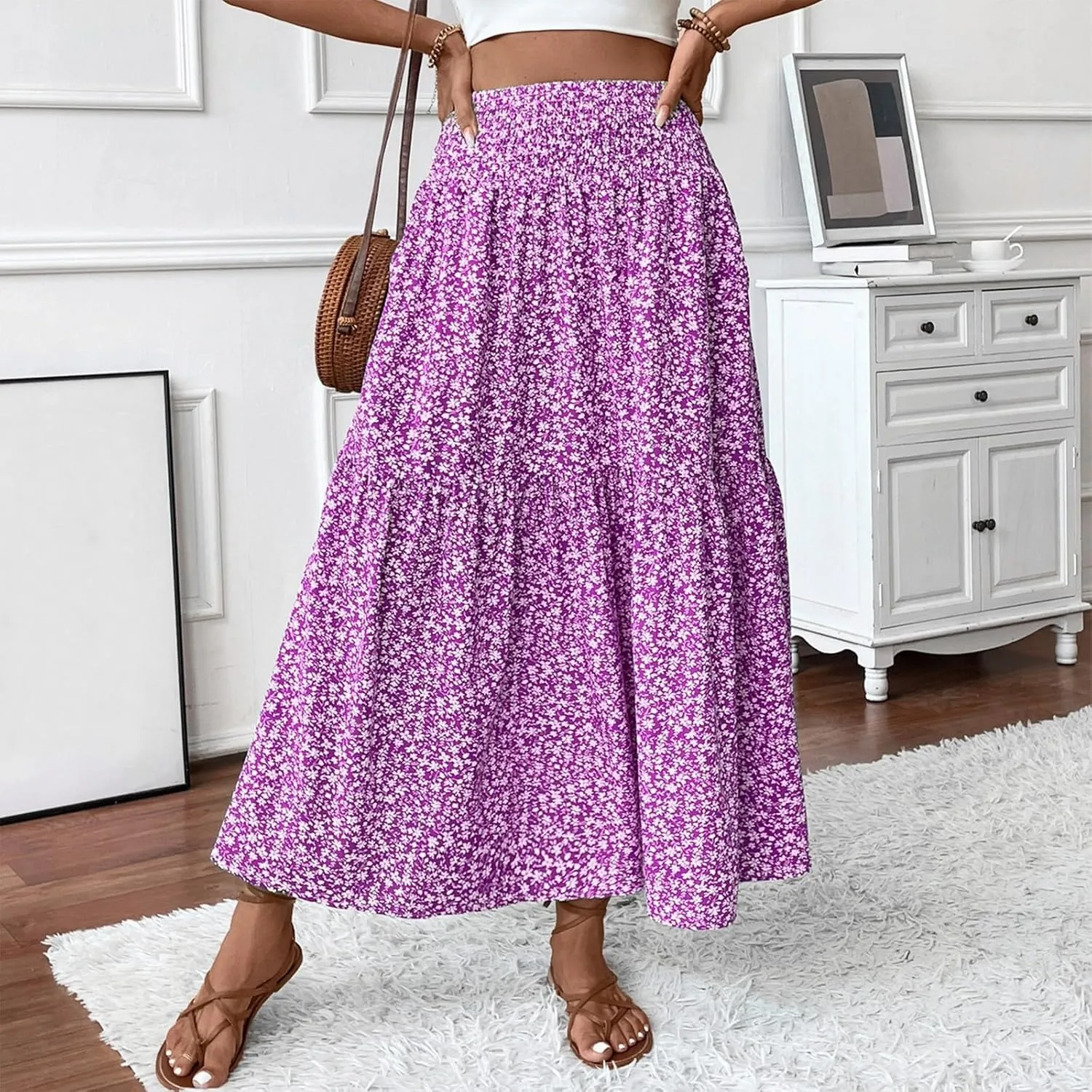 Maxi Skirts for Women Floral Boho Beach Flowy Tiered Midi Skirt High Waisted Long Skirts Drawstring A Line Skirt