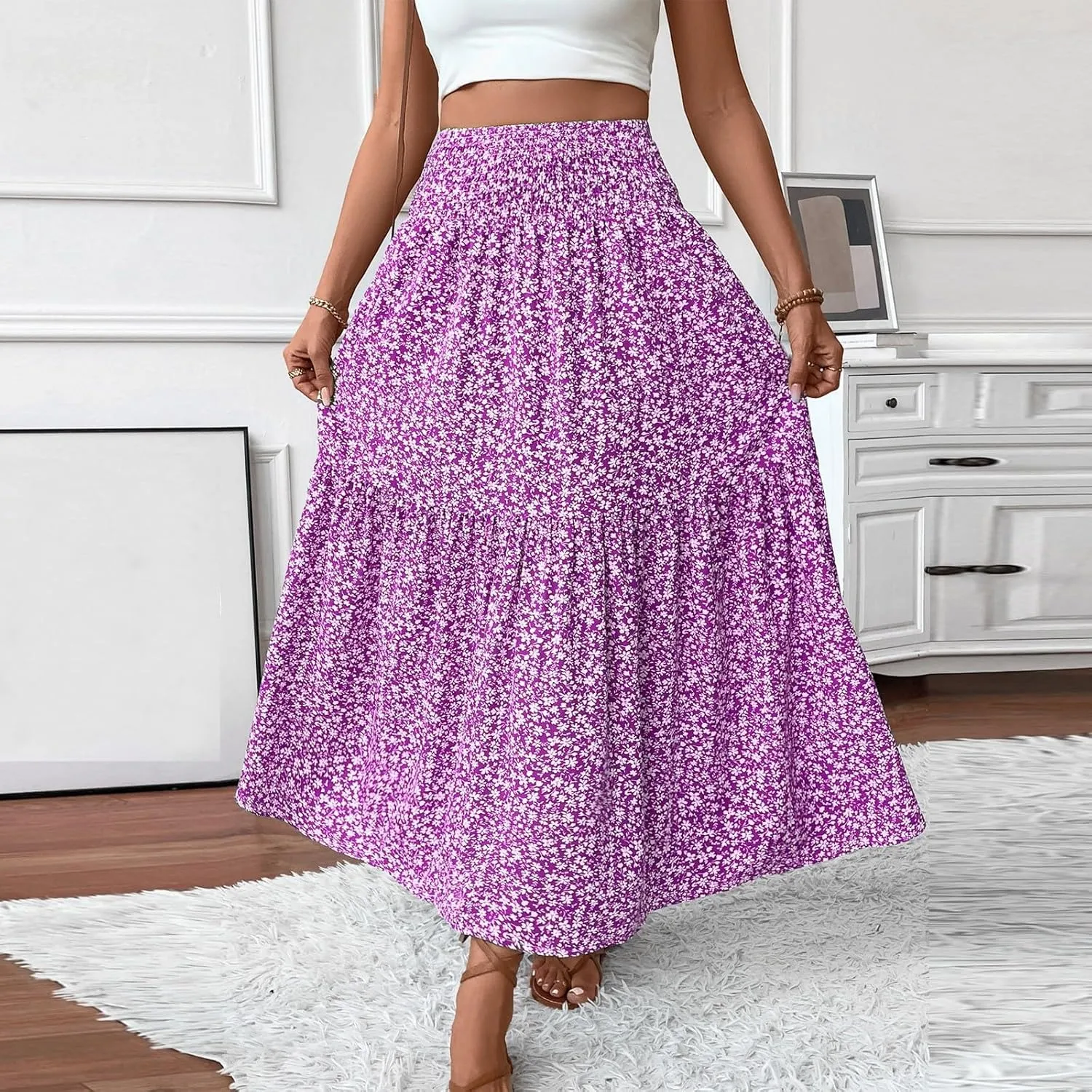 Maxi Skirts for Women Floral Boho Beach Flowy Tiered Midi Skirt High Waisted Long Skirts Drawstring A Line Skirt