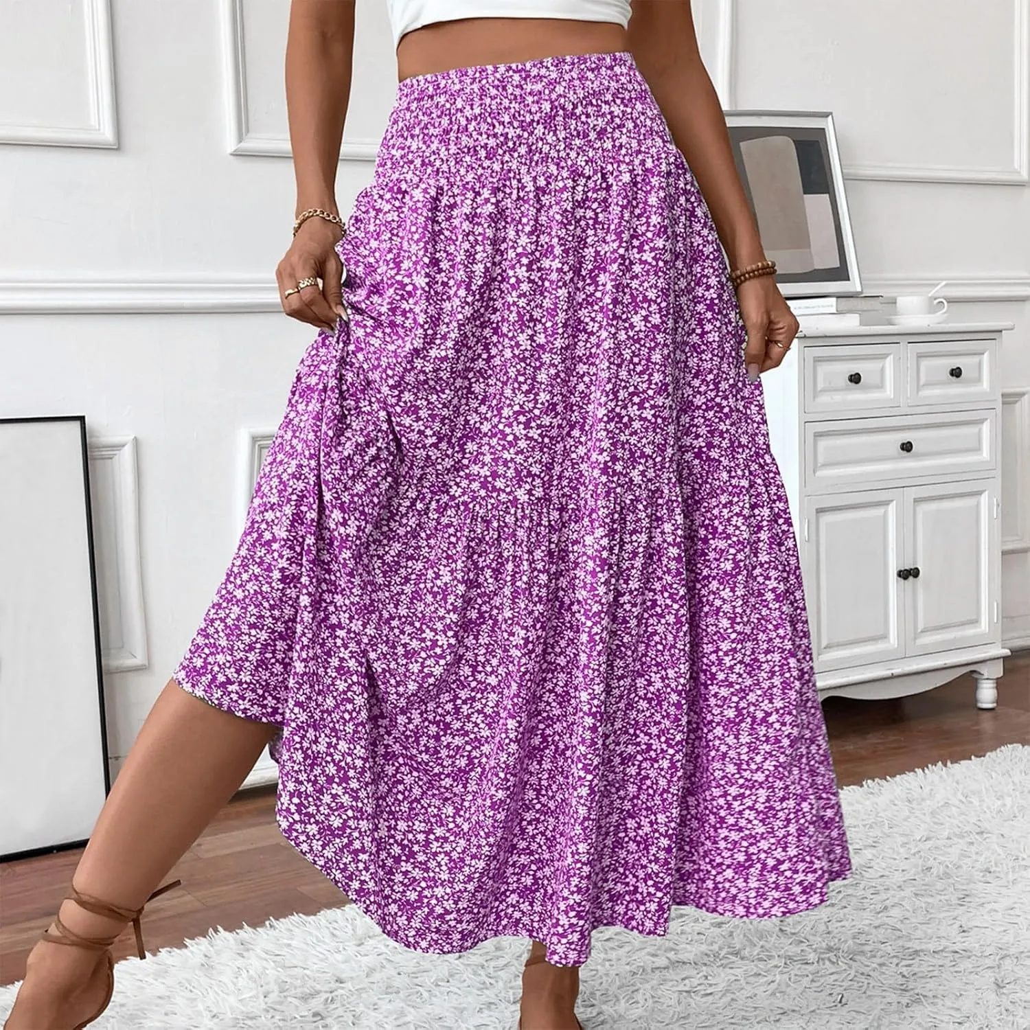 Maxi Skirts for Women Floral Boho Beach Flowy Tiered Midi Skirt High Waisted Long Skirts Drawstring A Line Skirt