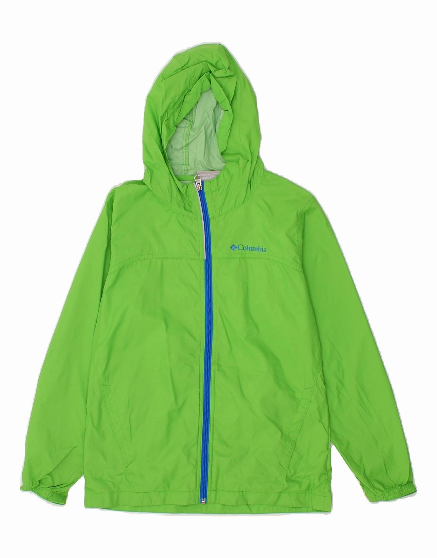 COLUMBIA Boys Hooded Rain Jacket 10-11 Years Medium  Green Nylon Puncture Resistant Material Stretch Fit
