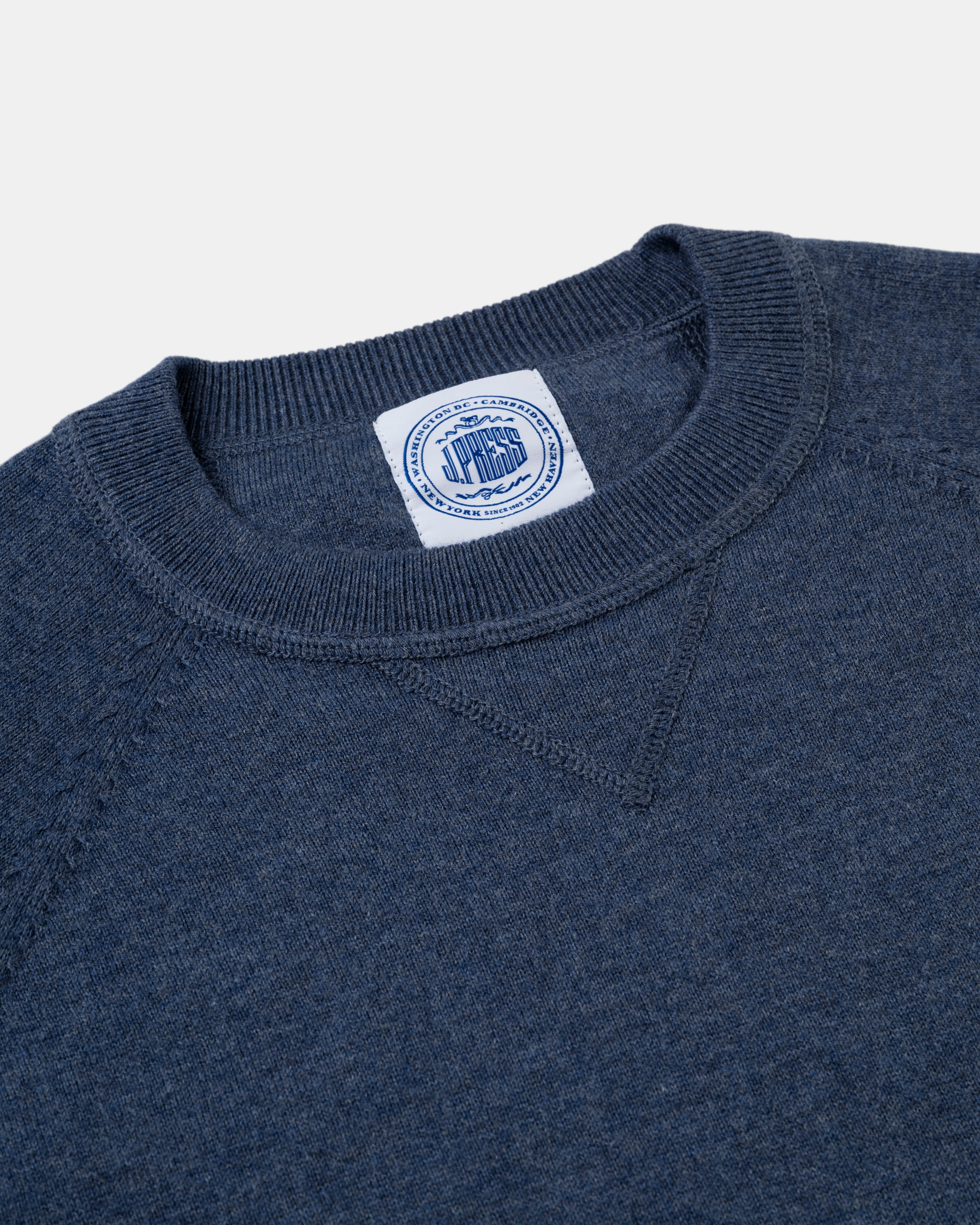 Simple Knitwear Cozy Layering Medium Blue Cotton/Wool Crewneck Sweatshirt - Trim Fit