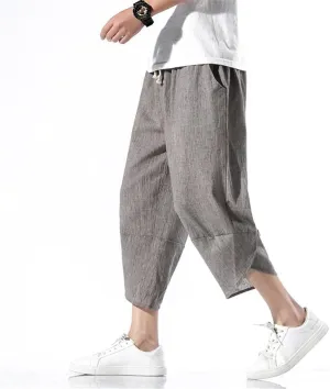Men Hanfu Japanese Harajuku Wide-Leg Linen Pants Cotton Linen Cropped Trousers Plus Size 5XL Loose Summer Thin Pant