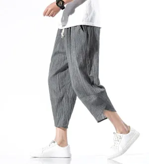 Men Hanfu Japanese Harajuku Wide-Leg Linen Pants Cotton Linen Cropped Trousers Plus Size 5XL Loose Summer Thin Pant
