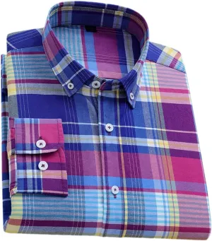 Men Oxford Striped Plaid Shirt Business Easy to Take Care Dress Shirts Longsleeve Button Shirt
