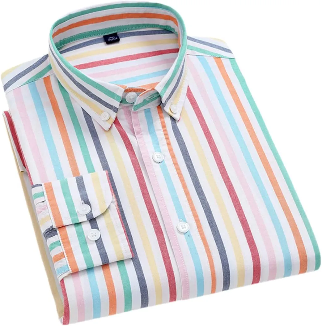 Men Oxford Striped Plaid Shirt Business Easy to Take Care Dress Shirts Longsleeve Button Shirt