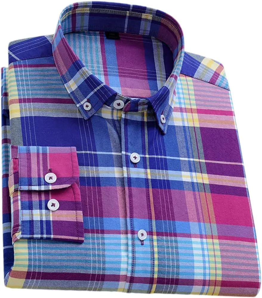 Men Oxford Striped Plaid Shirt Business Easy to Take Care Dress Shirts Longsleeve Button Shirt