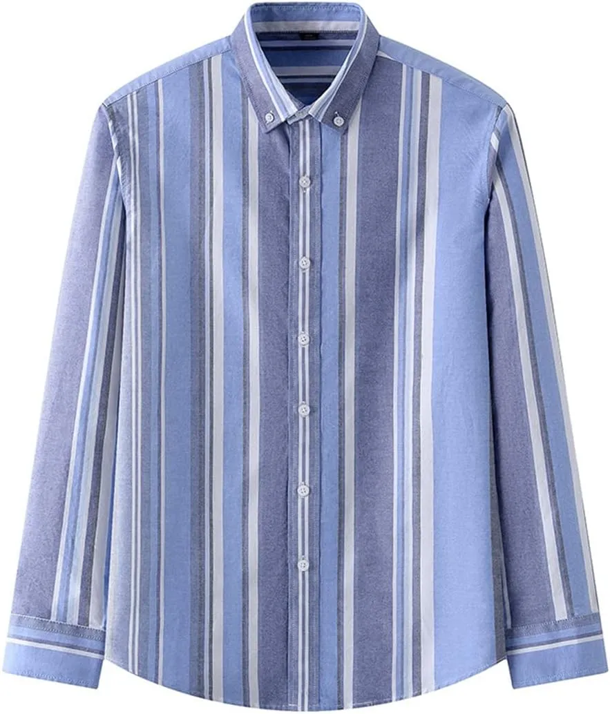 Men Oxford Striped Plaid Shirt Business Easy to Take Care Dress Shirts Longsleeve Button Shirt