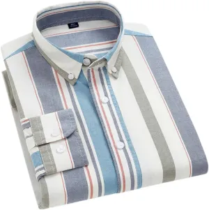 Men Oxford Striped Plaid Shirt Business Easy to Take Care Dress Shirts Longsleeve Button Shirt