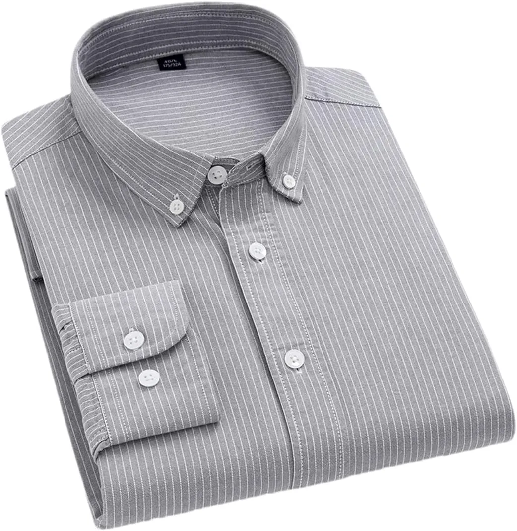 Men Oxford Striped Plaid Shirt Business Easy to Take Care Dress Shirts Longsleeve Button Shirt