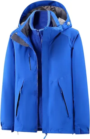 Men Women 3-In-1 Rain Jackets Unisex Hooded Waterproof Windbreaker Warm Fall Winter Outdoor Hiking Skiing Raincoats