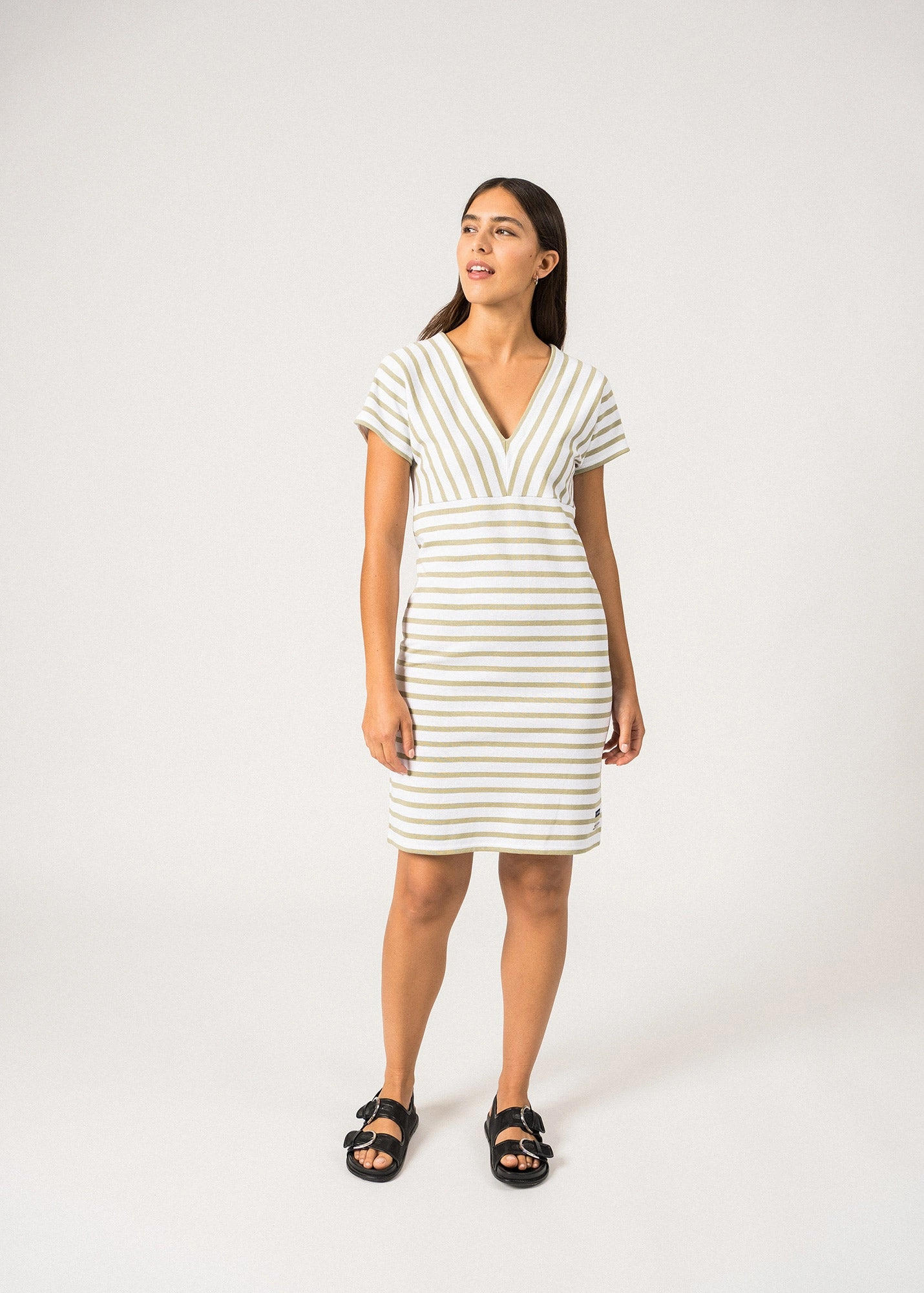 MENERBES - Breton Striped Dress by Romain Brifault | Heavyweight Cotton (WHITE / SOFT ALMOND) Trend Ready