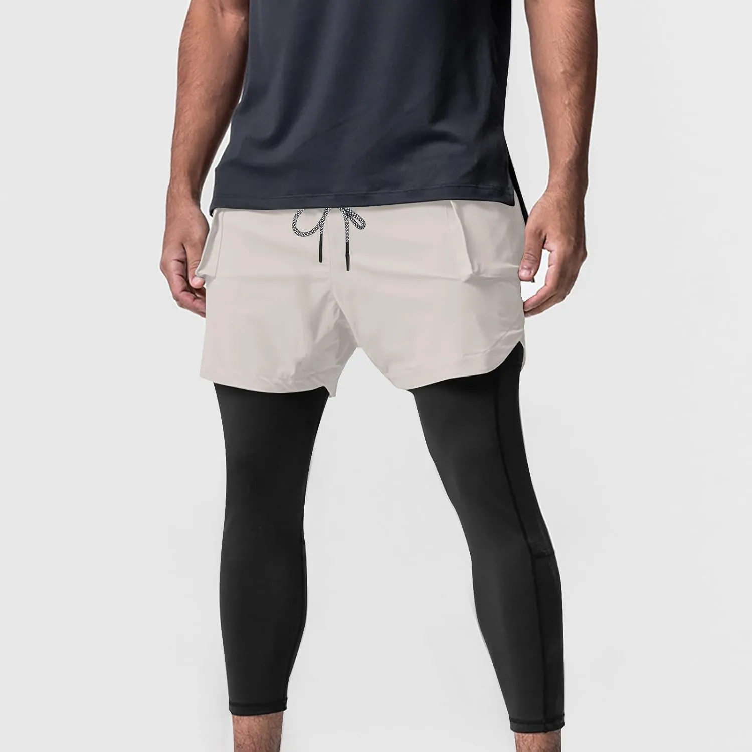 Men's 2 in 1 Running Pants Compression Athletic Pants Tights Quick Dry Gym Workout Legging Shorts with Zipper Pockets