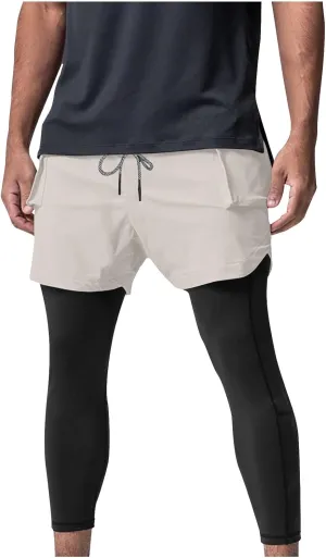 Men's 2 in 1 Running Pants Compression Athletic Pants Tights Quick Dry Gym Workout Legging Shorts with Zipper Pockets